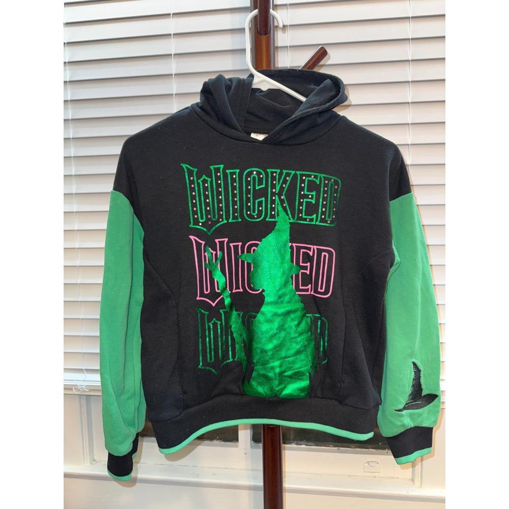 WICKED Movie Girls Large Embroidered Black Green Hoodie Sweatshirt L 10/12